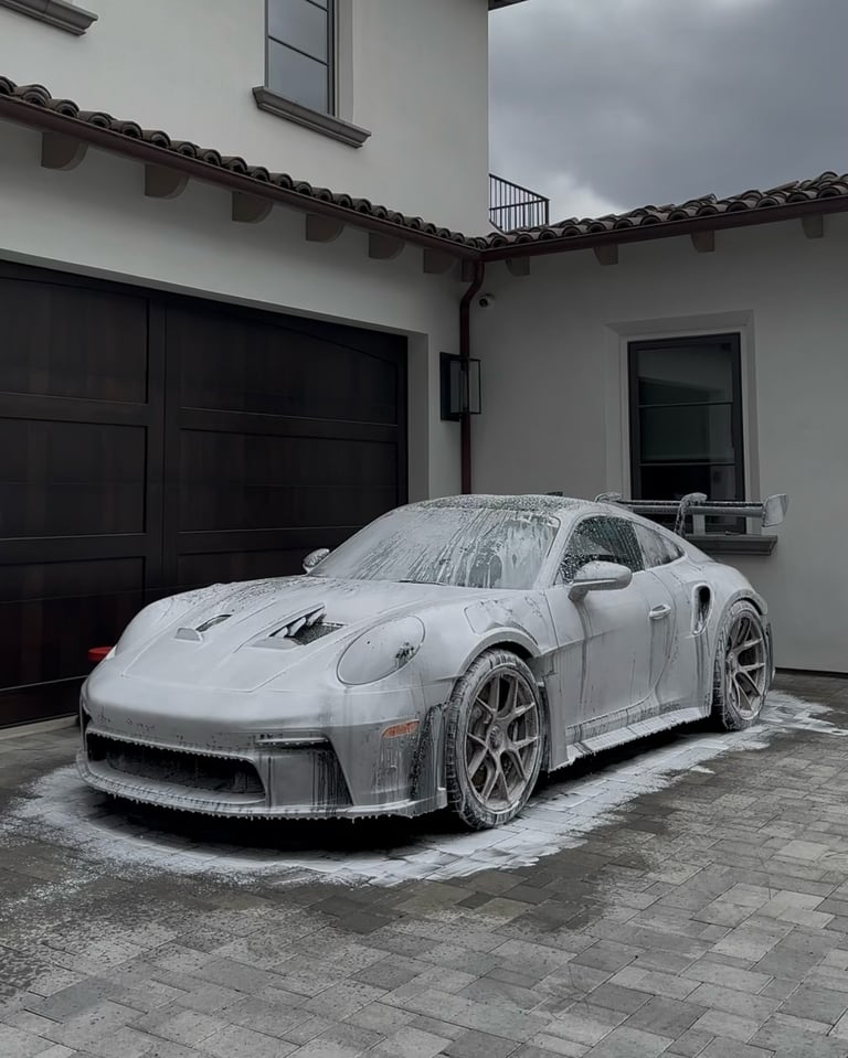 White sports car covered in ice parked in driveway of modern house with black garage doors
