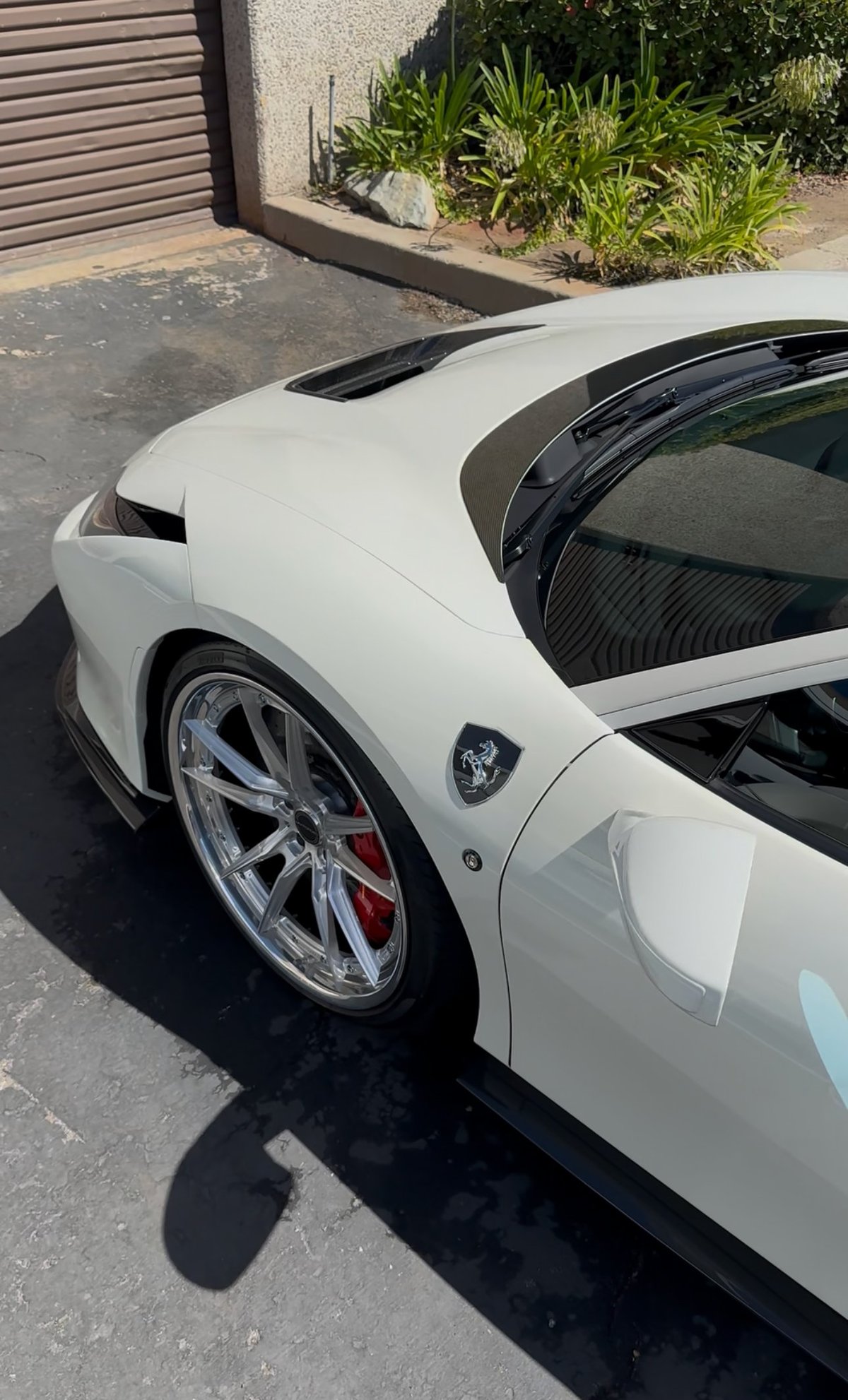 White sports car parked in driveway with hood open, showing polished alloy wheels and carbon fiber accents